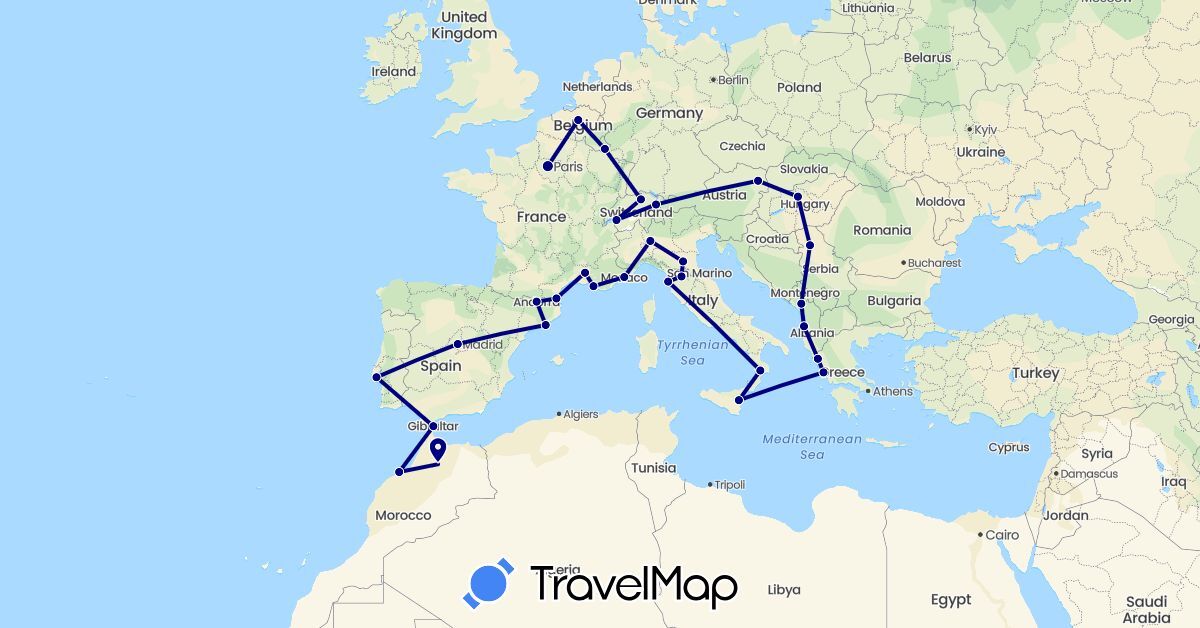 TravelMap itinerary: driving in Andorra, Albania, Austria, Belgium, Switzerland, Spain, France, Gibraltar, Greece, Hungary, Italy, Liechtenstein, Luxembourg, Morocco, Monaco, Montenegro, Portugal, Serbia (Africa, Europe)